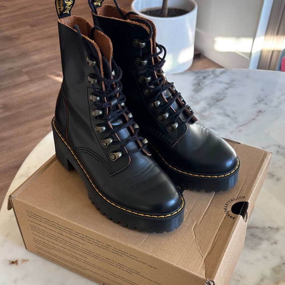 Dr. Martens Leona Black Leather Combat Boots